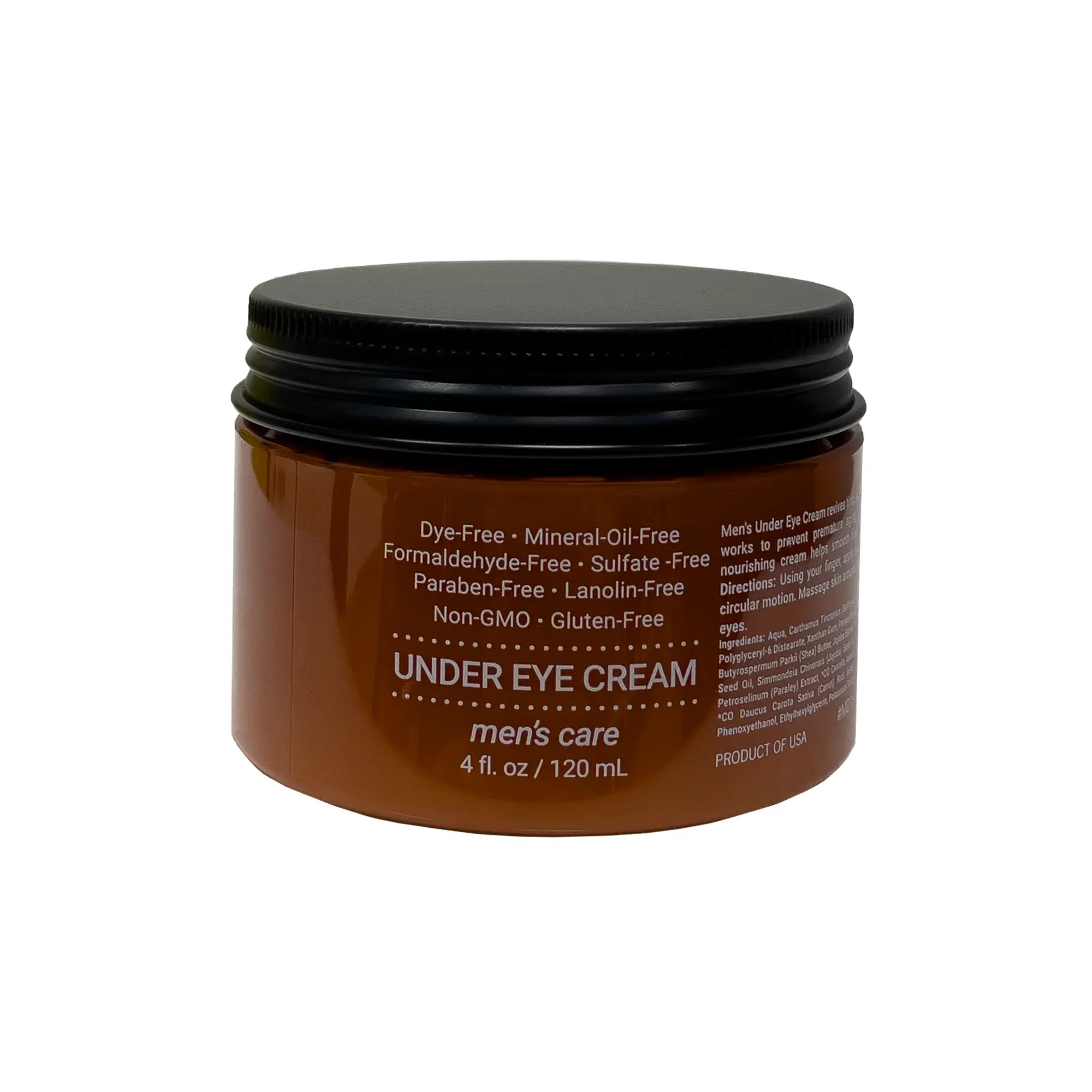 Men's Under Eye Cream in a sleek jar, showcasing its rich texture and packaging designed for effective skincare.