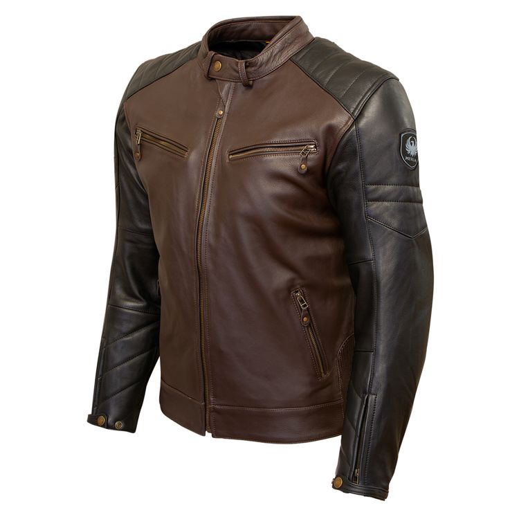 Merlin Chase Jacket showcasing premium cowhide leather, CE level 2 armor, and stylish detailing with contrasting sleeves.