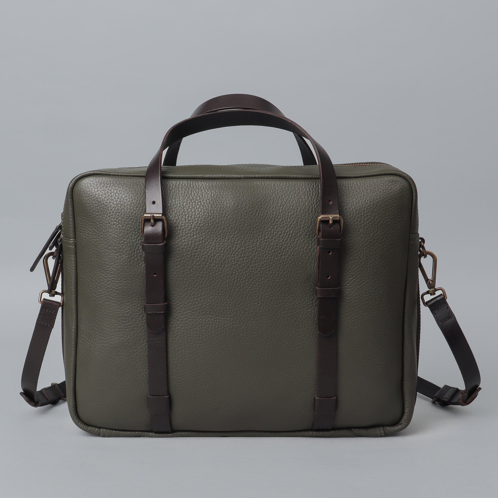 Miami Leather Briefcase showcasing premium full grain leather, spacious compartments, and adjustable shoulder strap, perfect for professionals.