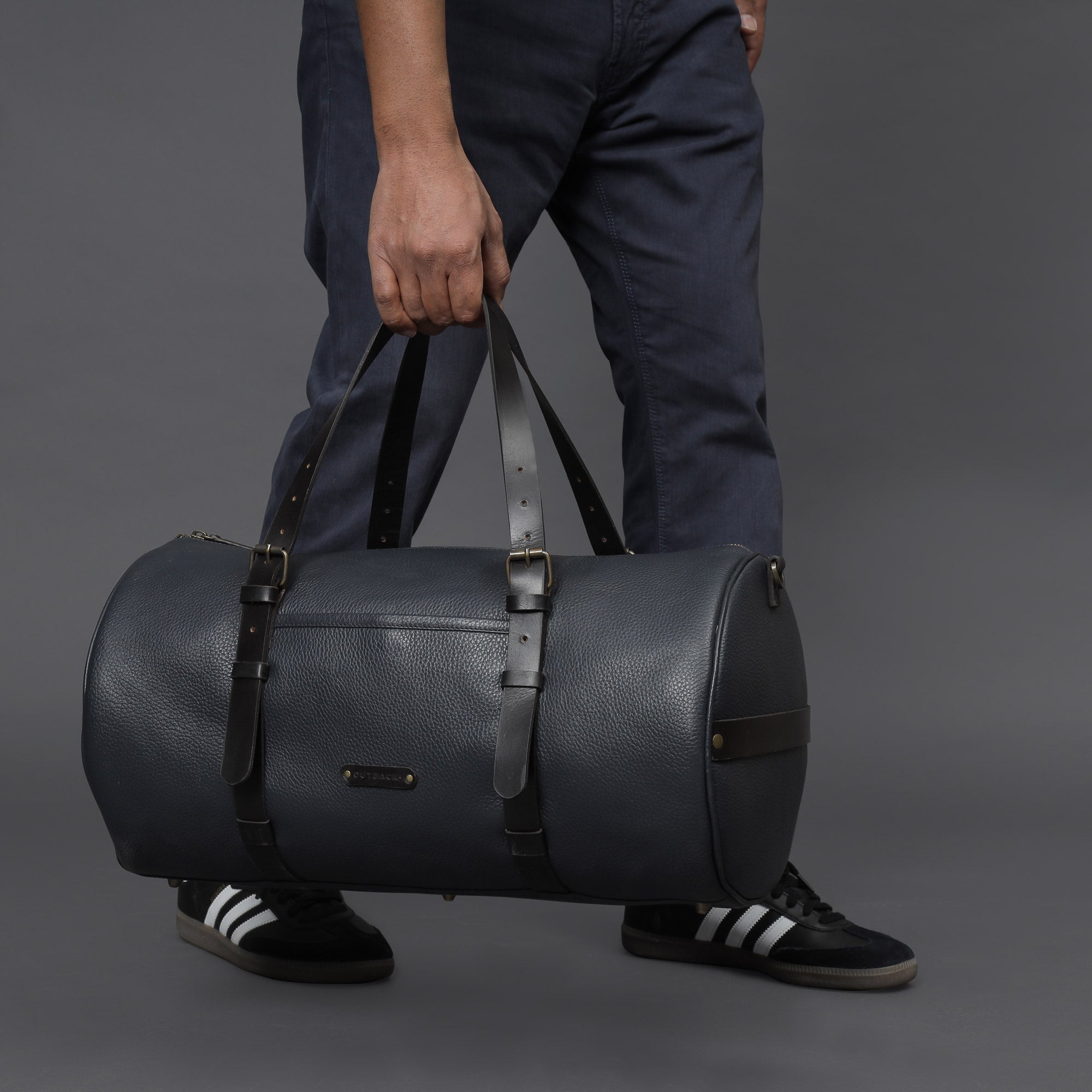 Miami Leather Gym Bag showcasing premium full grain leather, spacious compartments, and antique brass hardware.