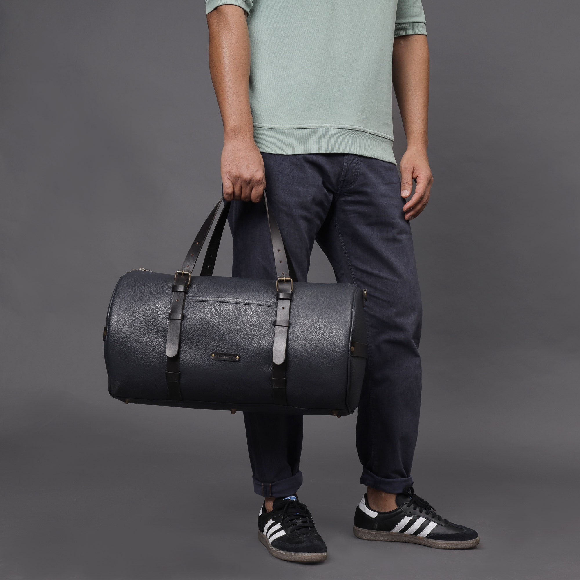 Miami Leather Gym Bag showcasing premium full grain leather, spacious compartments, and antique brass hardware.