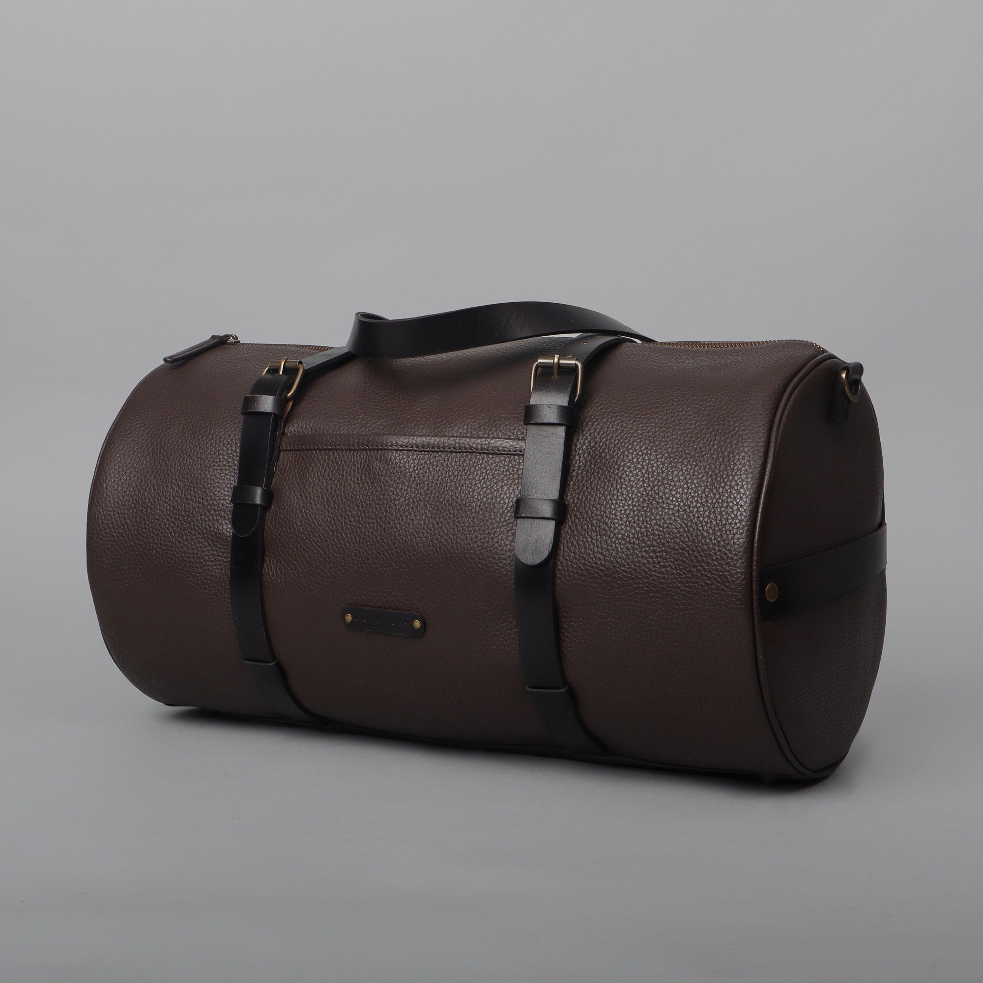 Miami Leather Gym Bag showcasing premium full grain leather, spacious design, and antique brass hardware.