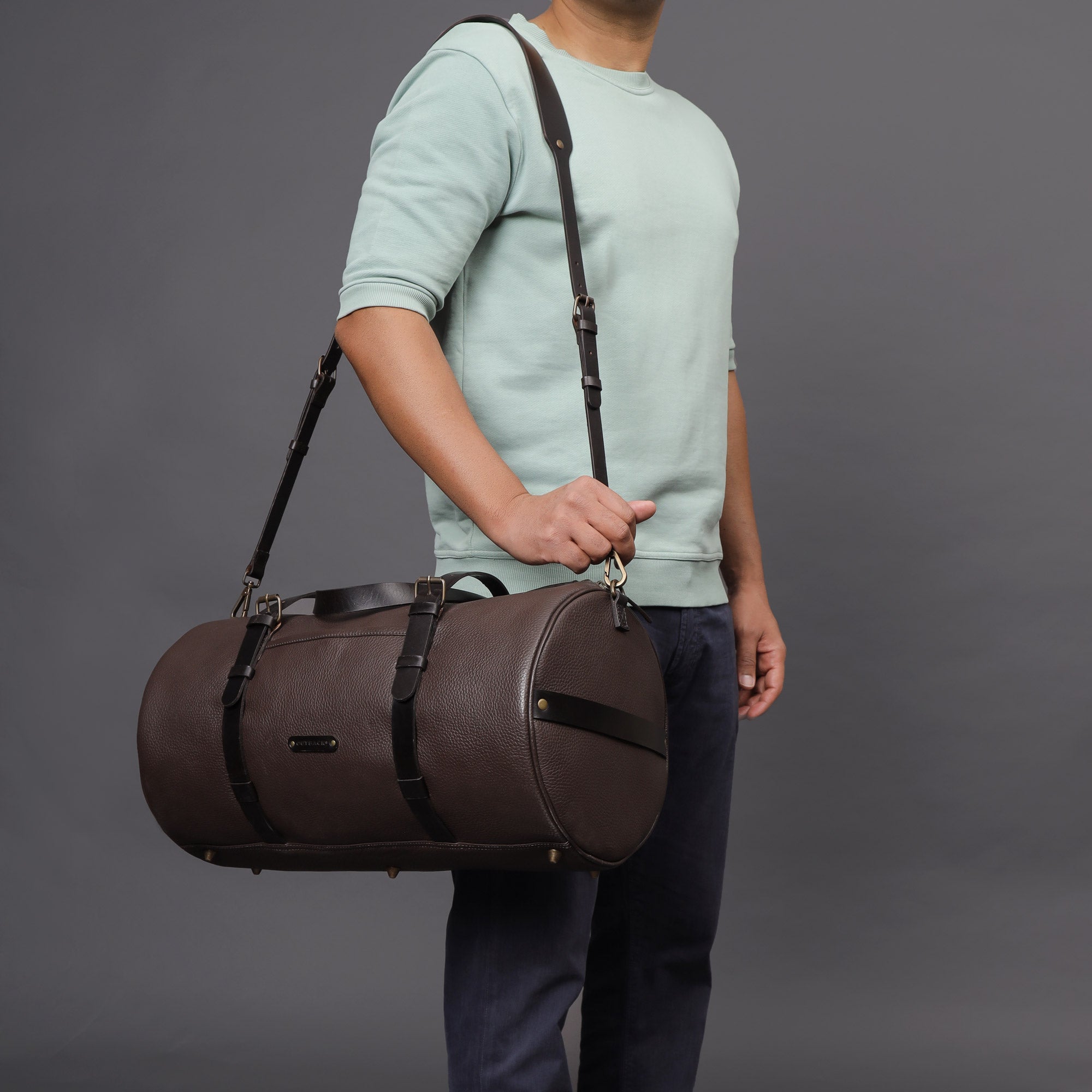 Miami Leather Gym Bag showcasing premium full grain leather, spacious design, and antique brass hardware.