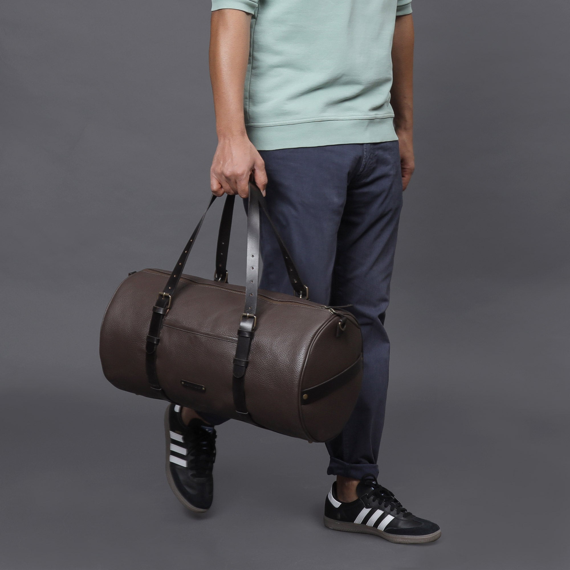 Miami Leather Gym Bag showcasing premium full grain leather, spacious design, and antique brass hardware.