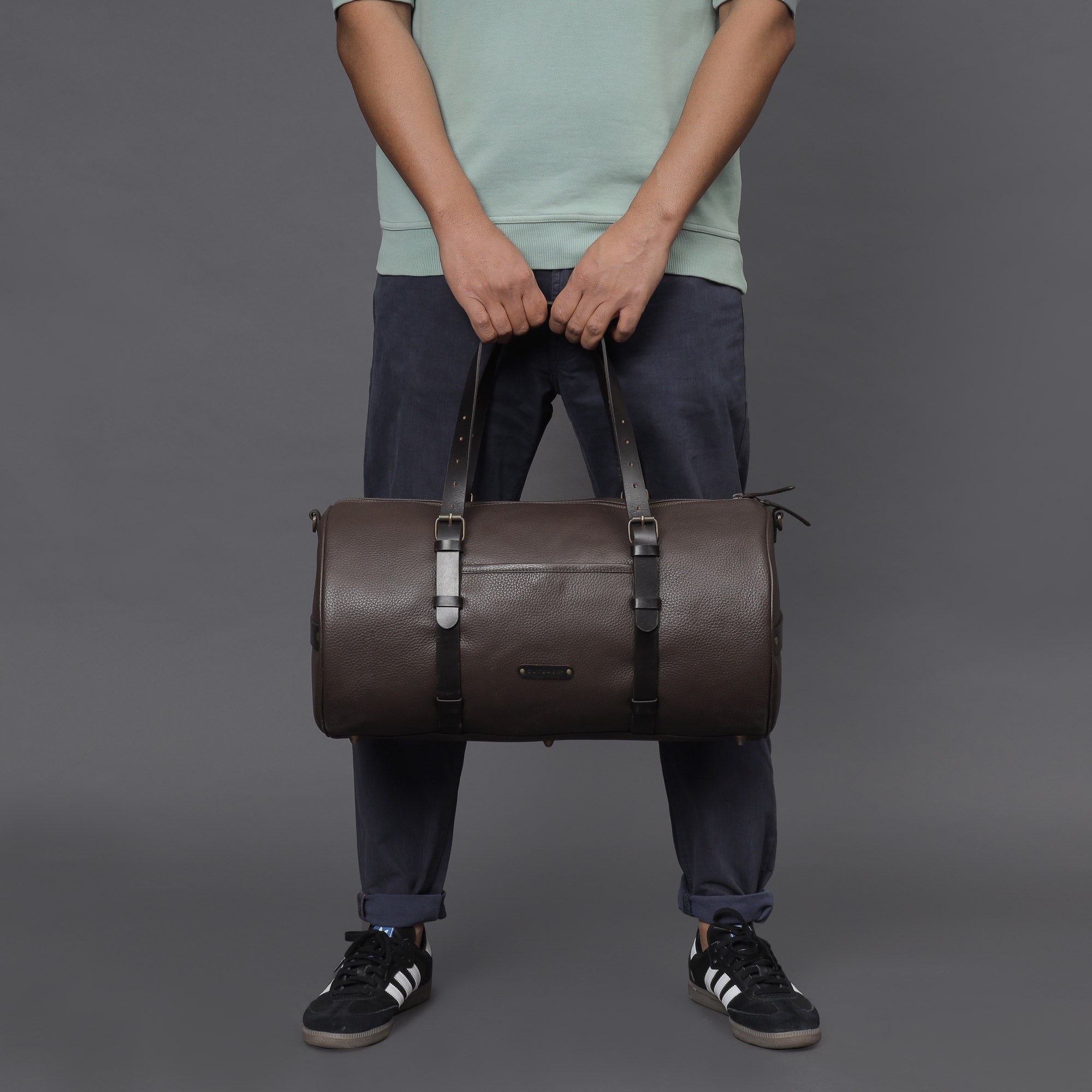 Miami Leather Gym Bag showcasing premium full grain leather, spacious design, and antique brass hardware.