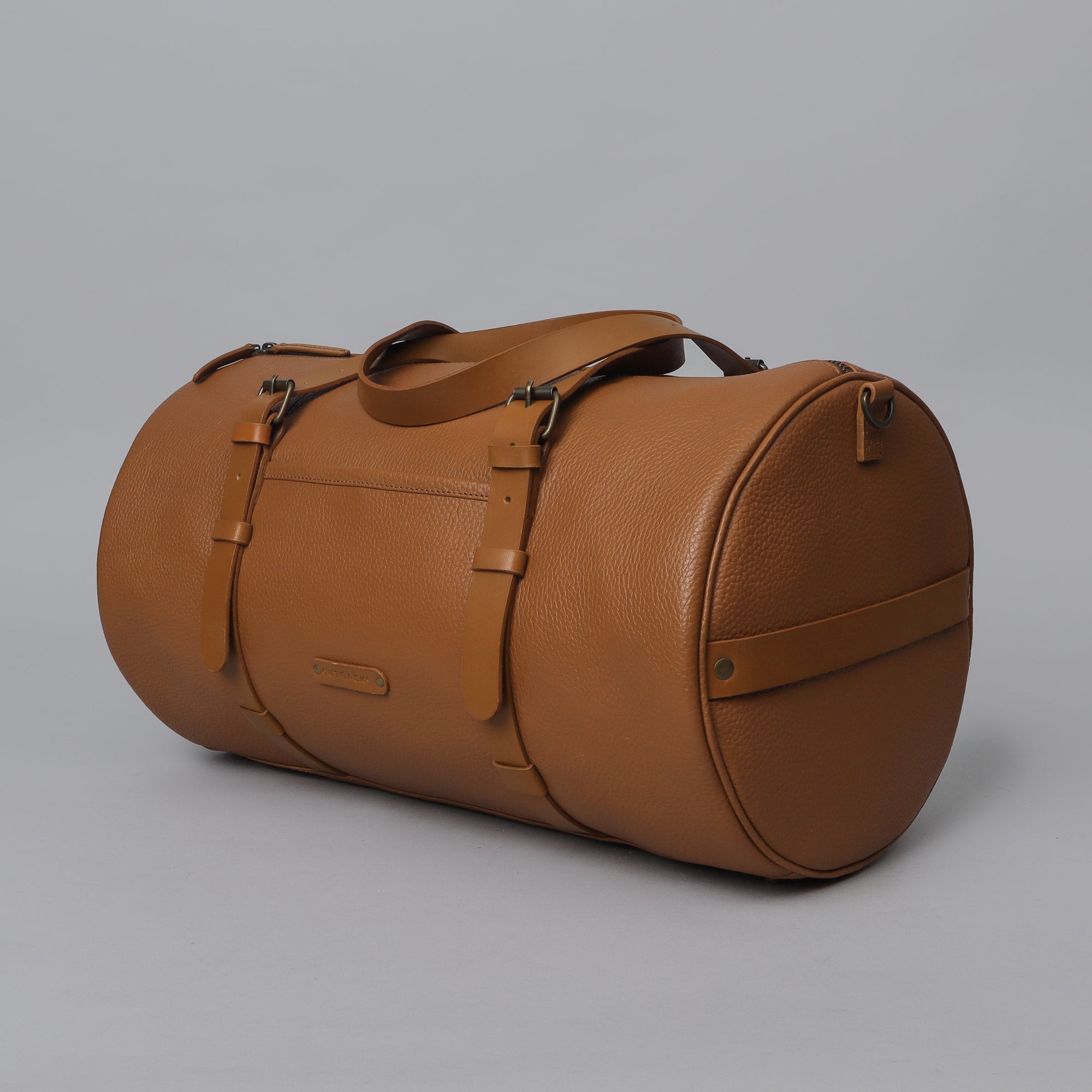 Miami Leather Gym Bag showcasing premium full grain leather, spacious compartments, and antique brass hardware.