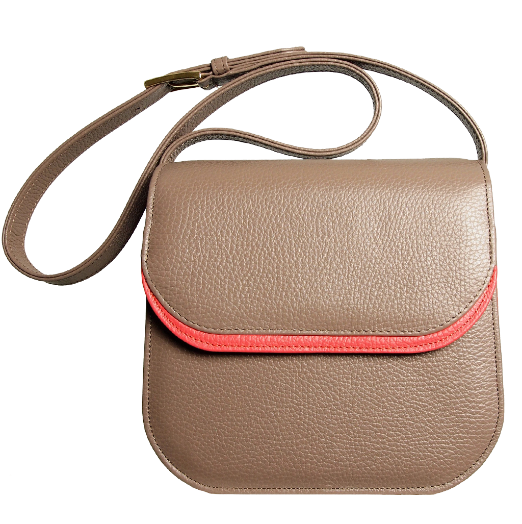 A stylish Midi Shoulder Bag in taupe leather with coral red trimming, showcasing its handcrafted design and spacious interior.