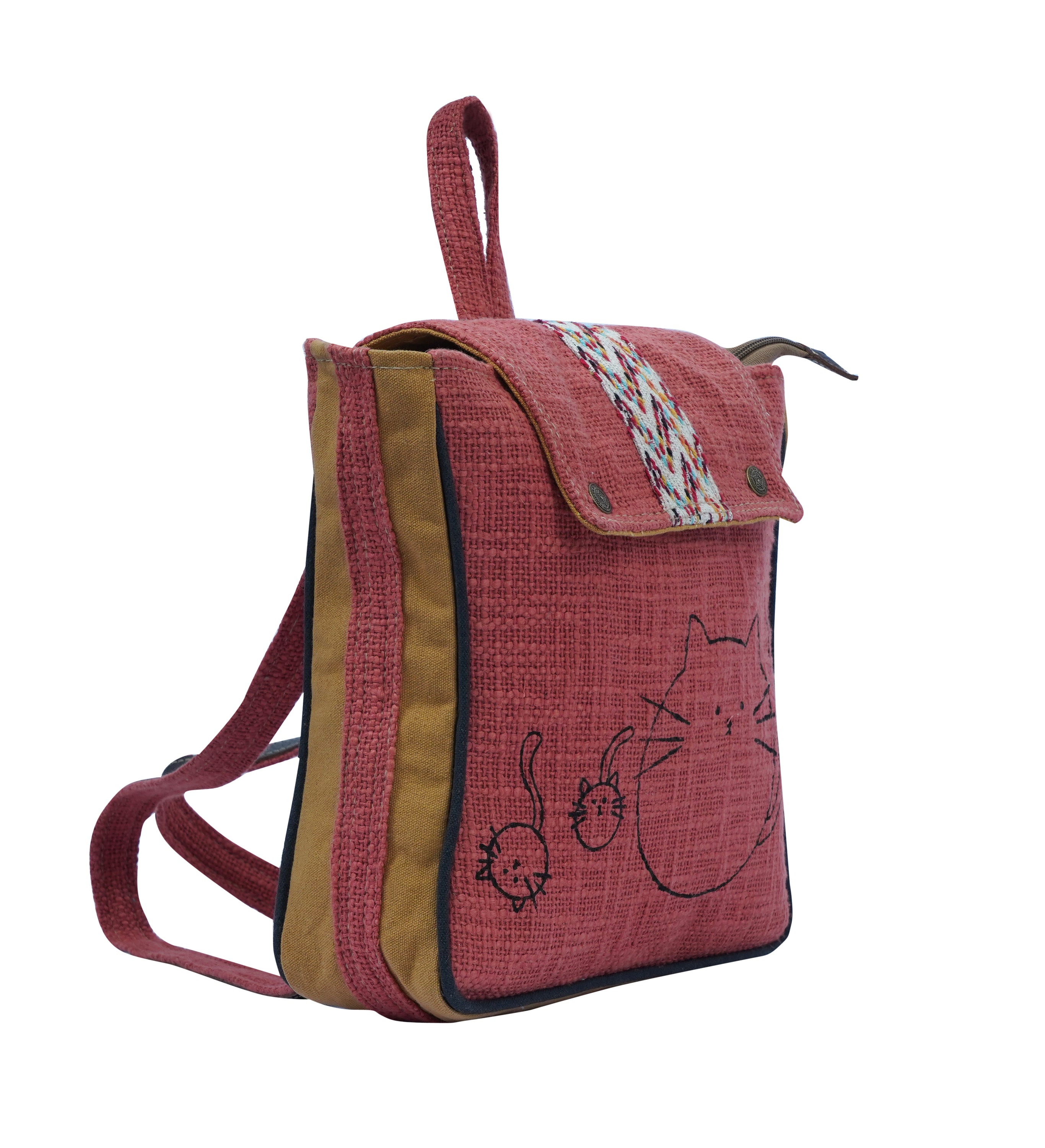 Miki Backpack featuring cotton fabric, canvas, leather, and rug accents, ideal for school and travel.