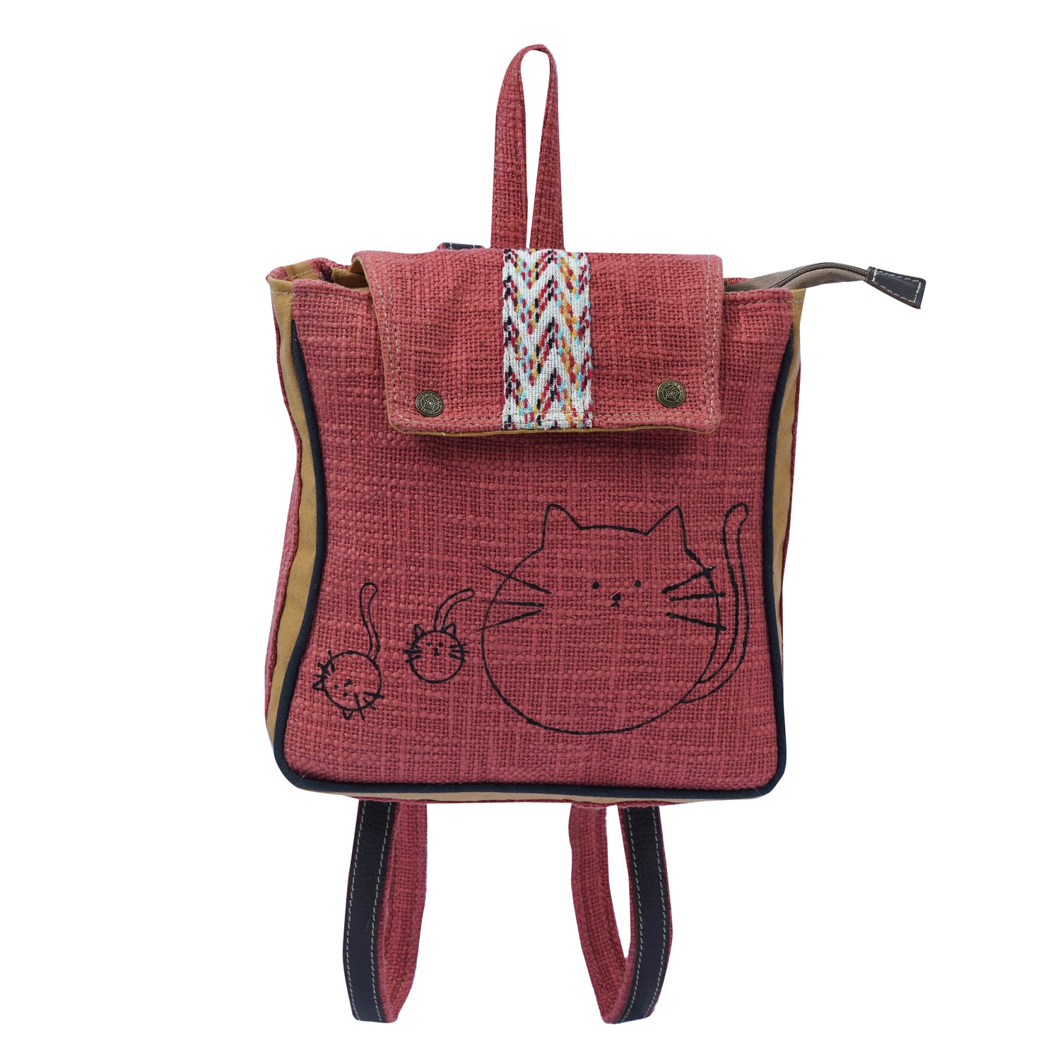 Miki Backpack featuring cotton fabric, canvas, leather, and rug accents, ideal for school and travel.