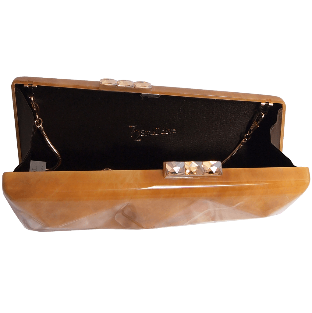 Minaudière clutch in alabaster motif with Swarovski Elements clasp, showcasing a geological patterned acrylic design.