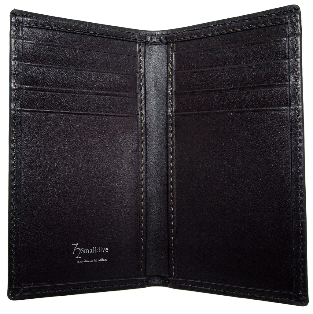 Mini Buffed Leather Billfold Wallet in Black, showcasing smooth calf leather, six credit card sleeves, and a full-length banknote sleeve.