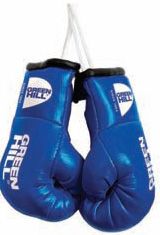 A pair of Mini Promotional Gloves made of synthetic leather featuring a vibrant green logo, showcasing customizable designs.