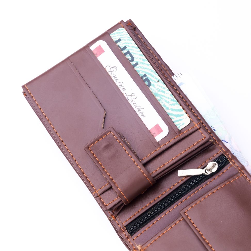 A sleek Minimalist Men's Leather Bi-Fold Wallet showcasing its pure leather finish and multiple card slots.