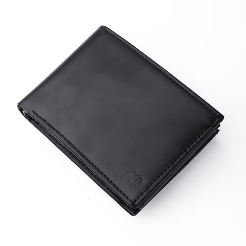 A sleek Minimalist Men's Leather Bi-Fold Wallet showcasing its pure leather finish and multiple card slots.