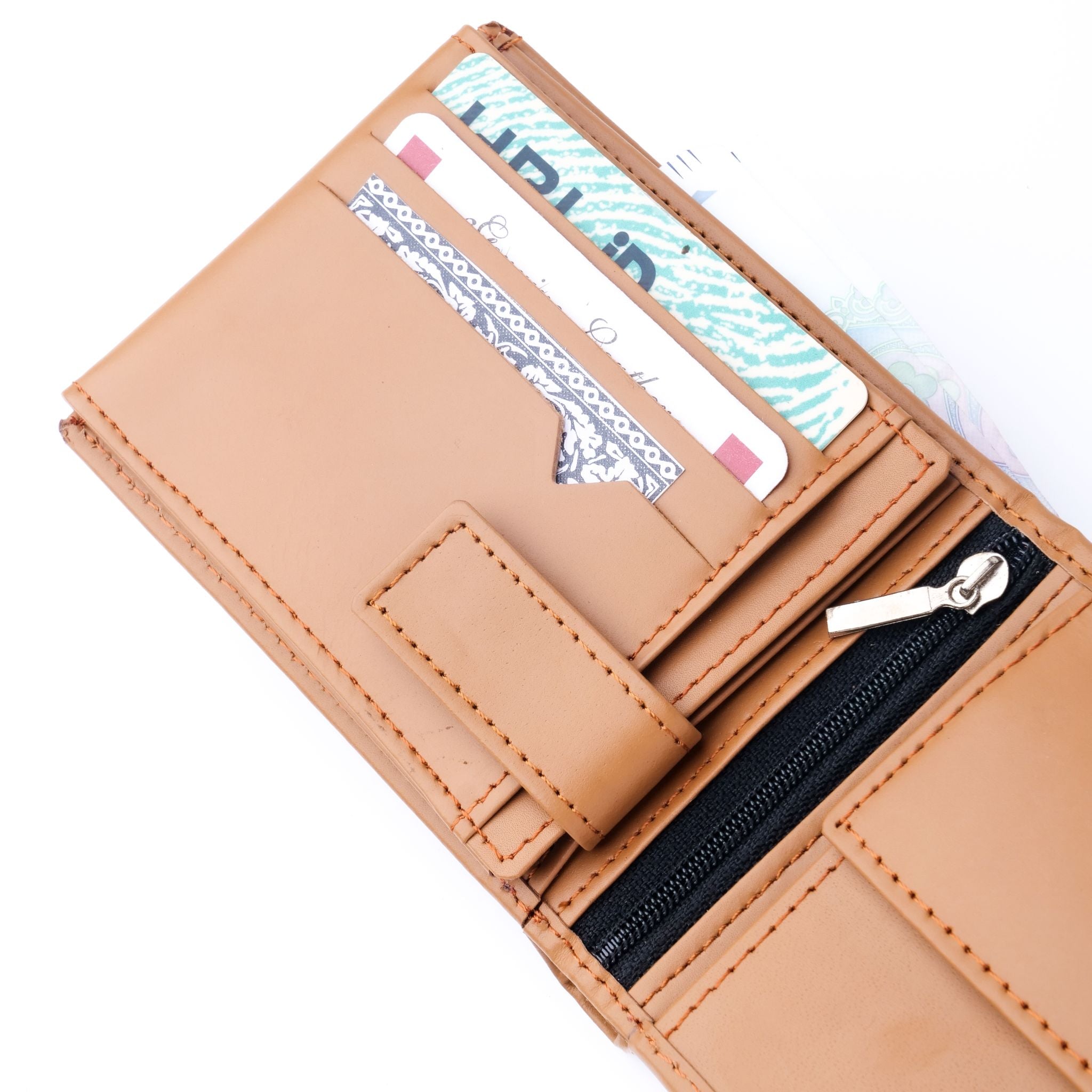 A sleek Minimalist Men's Leather Bi-Fold Wallet showcasing its pure leather finish and multiple card slots.