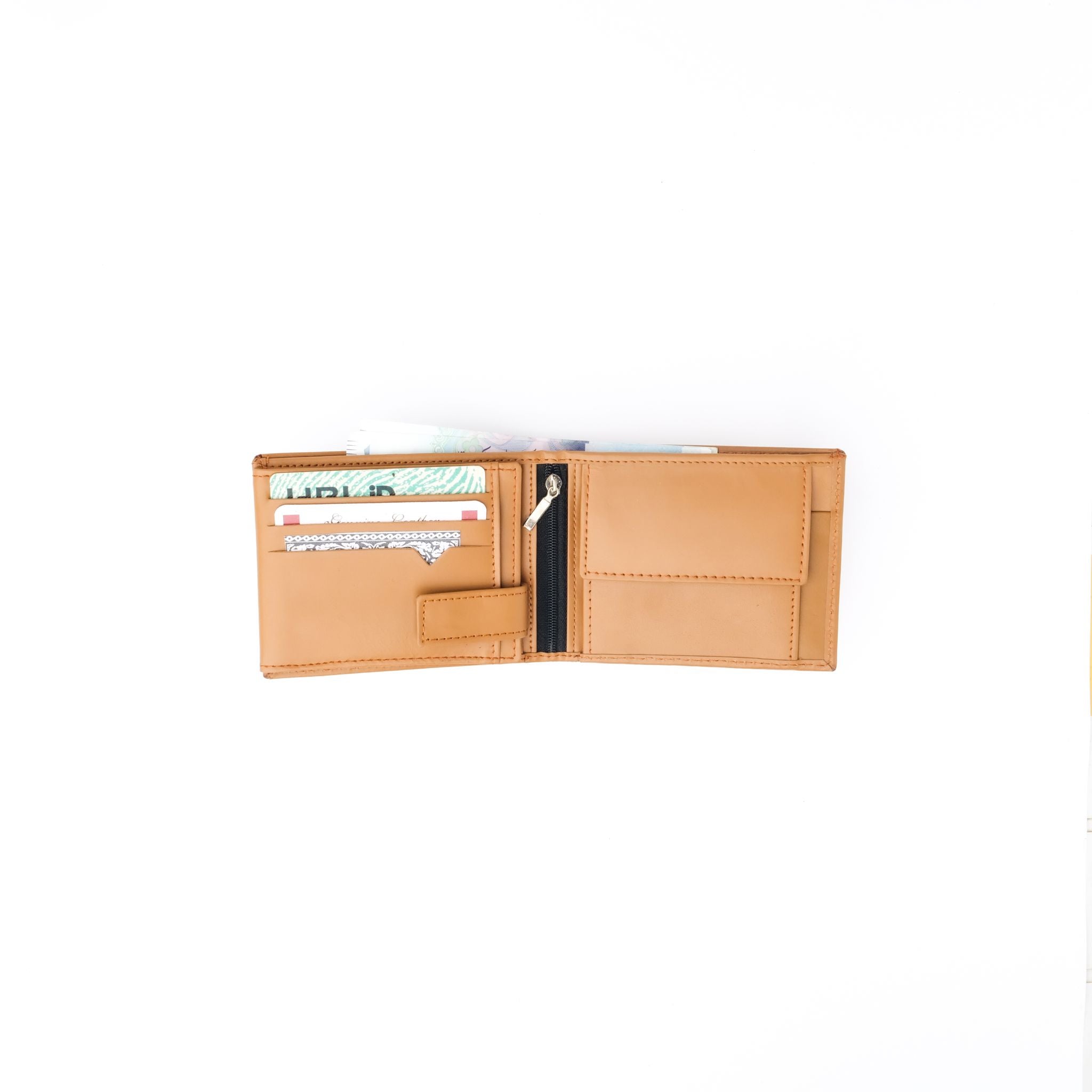 A sleek Minimalist Men's Leather Bi-Fold Wallet showcasing its pure leather finish and multiple card slots.