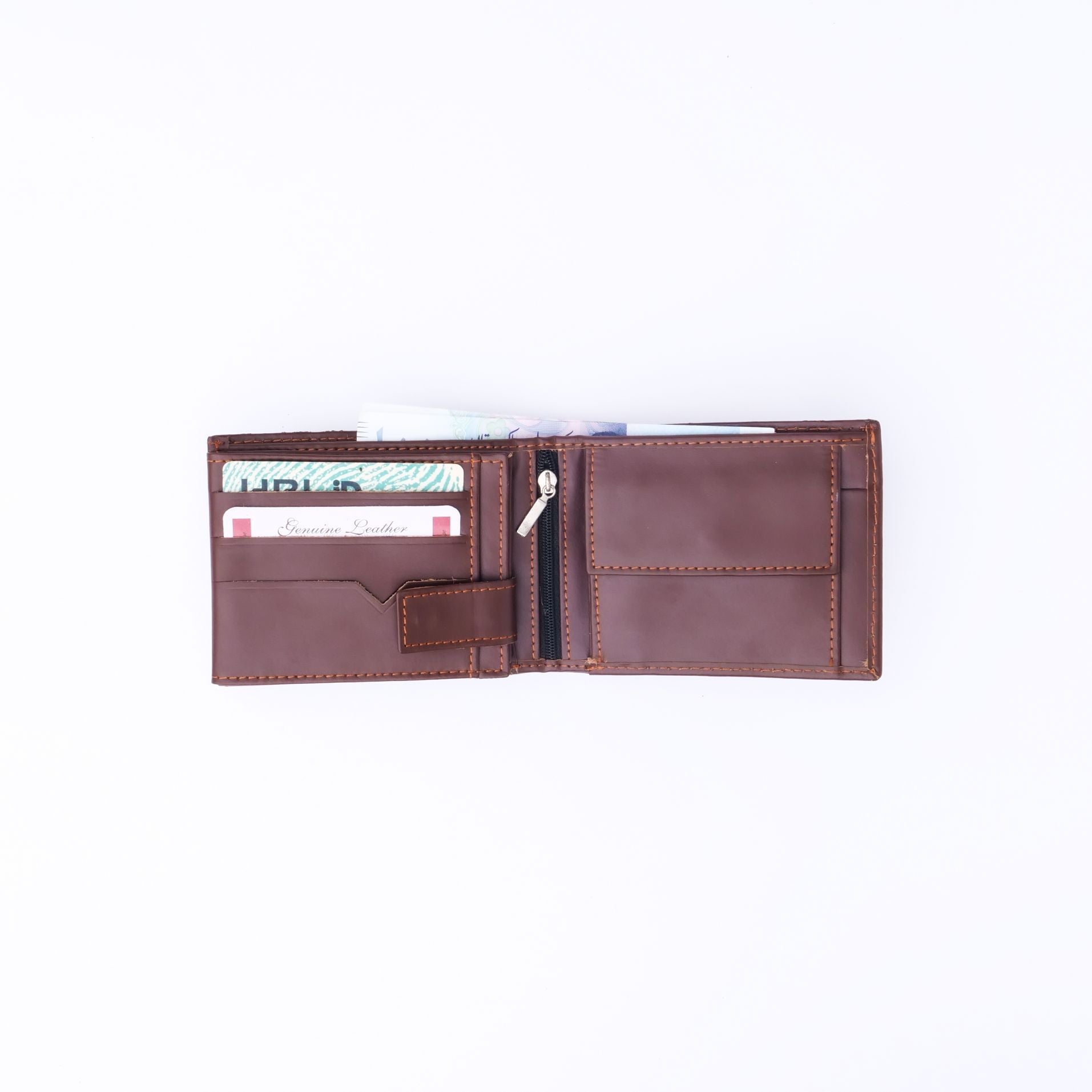 A sleek Minimalist Men's Leather Bi-Fold Wallet showcasing its pure leather finish and multiple card slots.