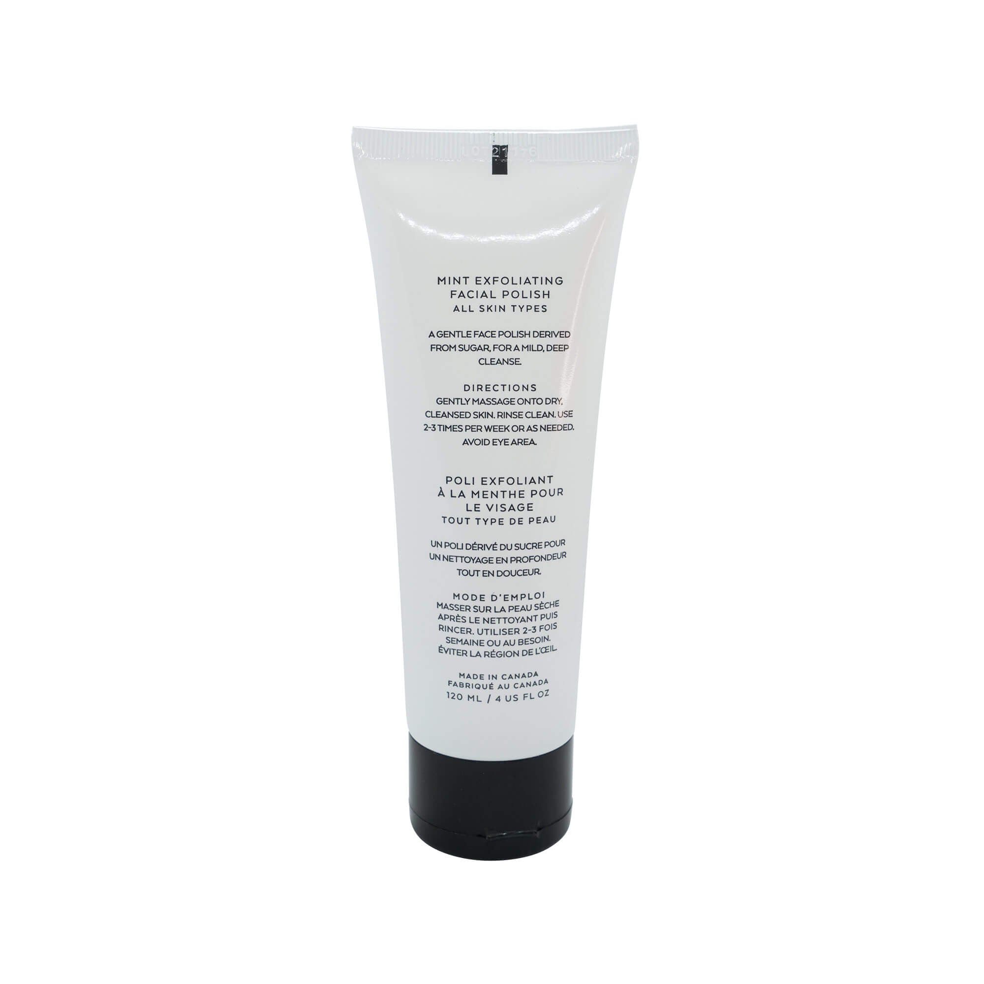 Mint Exfoliating Facial Polish in a sleek 120mL tube, showcasing its refreshing mint color and natural ingredients.