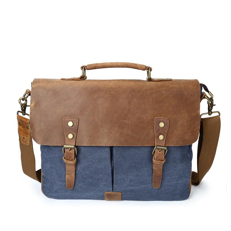 Mixed-Color Canvas Messenger Bag for Men featuring durable canvas and crazy horse skin, designed for style and functionality.