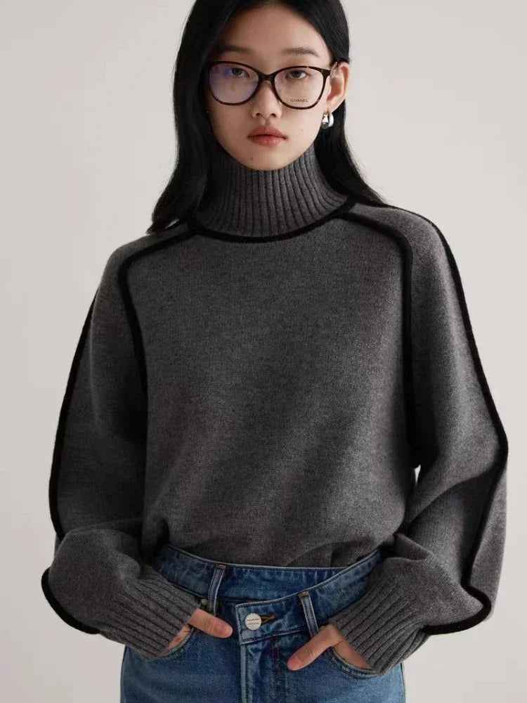 Modern Knit Sweater with Contrast Trim in white, gray, and brown colors, featuring a turtleneck and lantern sleeves.