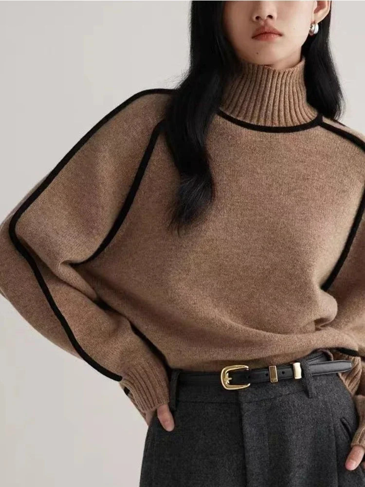 Modern Knit Sweater with Contrast Trim in white, gray, and brown colors, featuring a turtleneck and lantern sleeves.