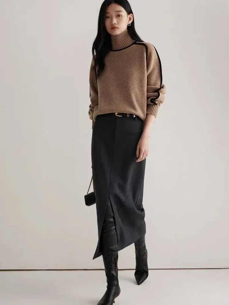 Modern Knit Sweater with Contrast Trim in white, gray, and brown colors, featuring a turtleneck and lantern sleeves.