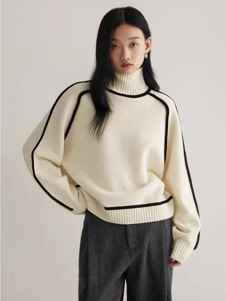 Modern Knit Sweater with Contrast Trim in white, gray, and brown colors, featuring a turtleneck and lantern sleeves.