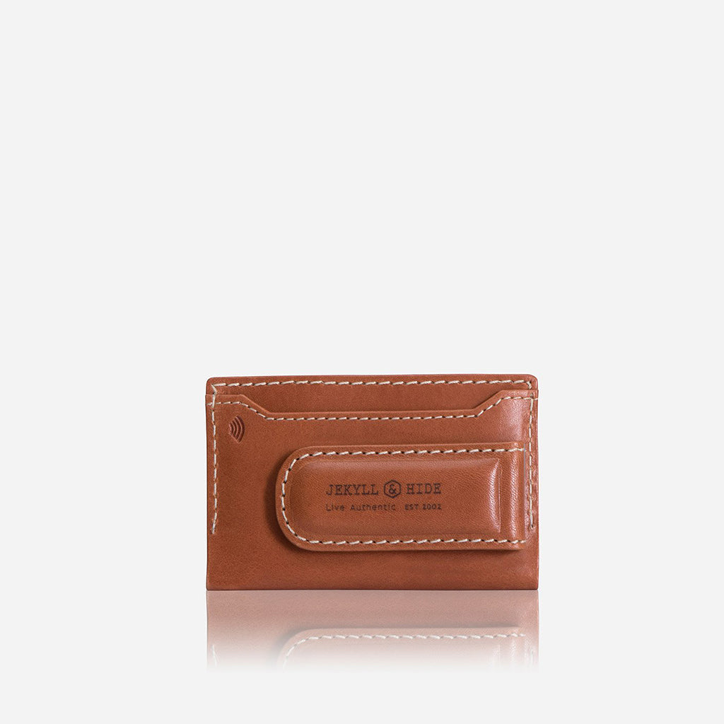 Tan Money Clip Card Holder featuring a sleek design and magnetic money clip on the back, ideal for carrying cards and cash.