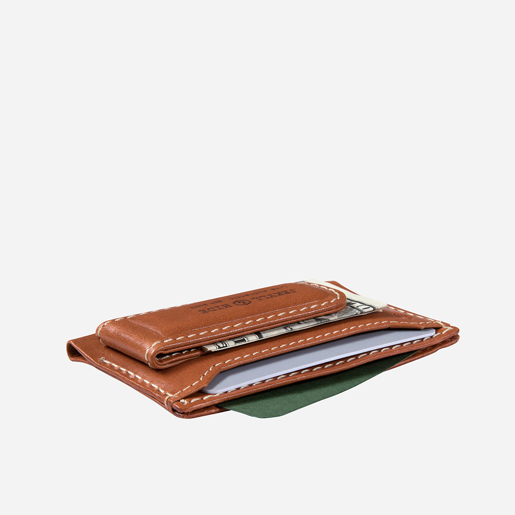 Tan Money Clip Card Holder featuring a sleek design and magnetic money clip on the back, ideal for carrying cards and cash.