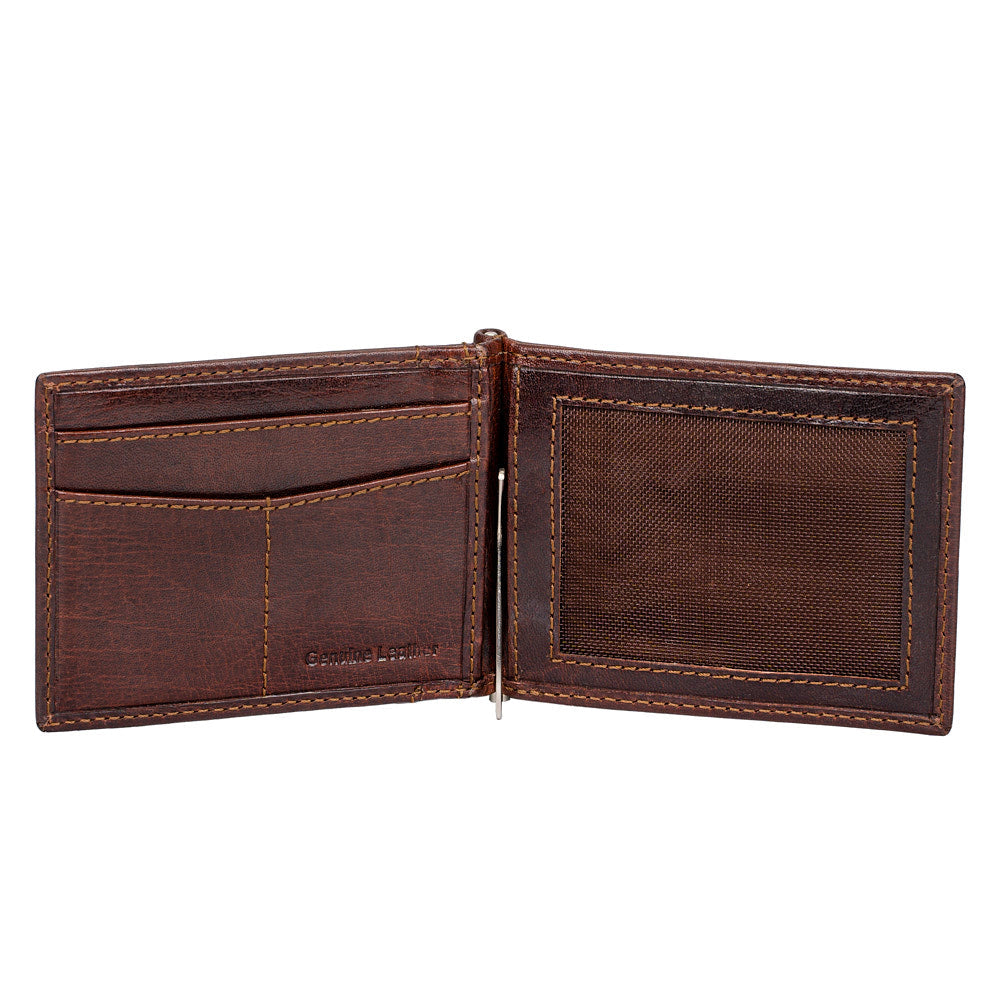 A sleek Money Clip Wallet made from genuine leather, featuring a money clip, RFID protection, and two secret compartments.