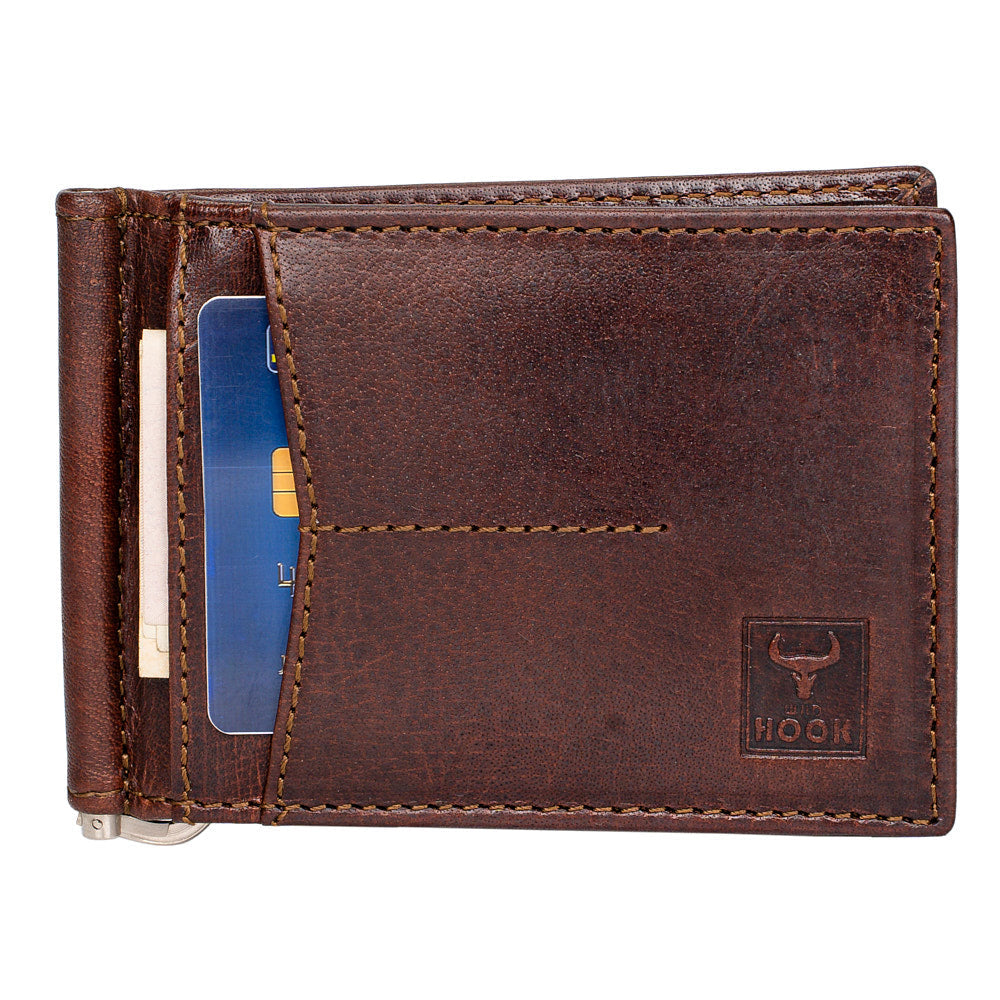 A sleek Money Clip Wallet made from genuine leather, featuring a money clip, RFID protection, and two secret compartments.