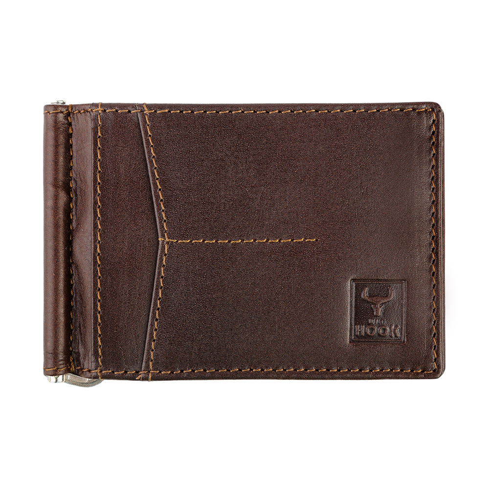 A sleek Money Clip Wallet made from genuine leather, featuring a money clip, RFID protection, and two secret compartments.