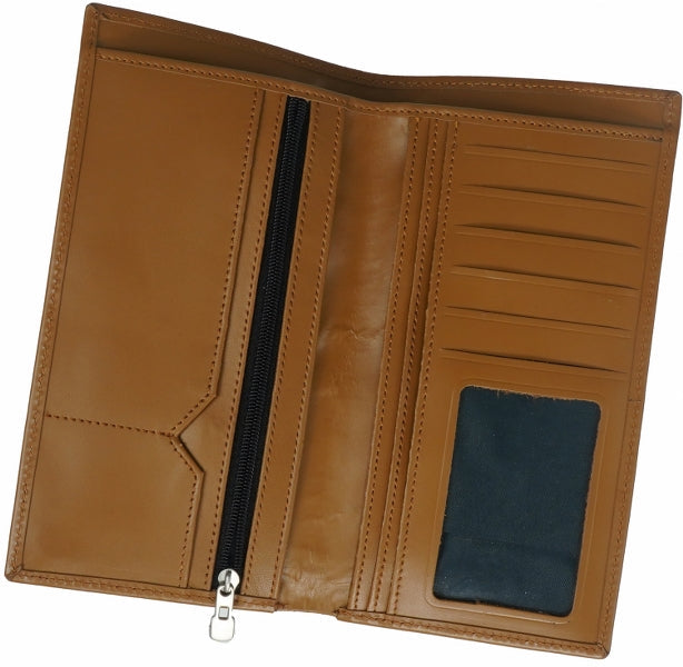 Multi Purpose Leather Long Wallet in Tan Brown, showcasing its elegant design and multiple compartments for cards and cash.