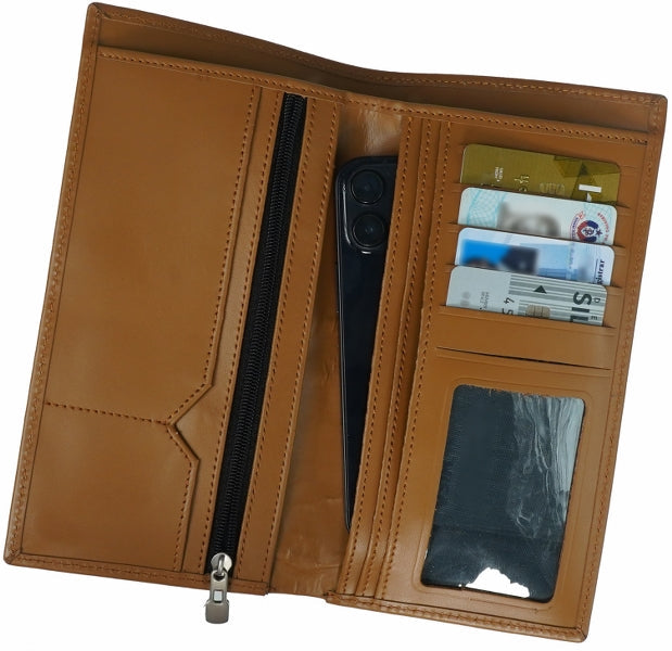 Multi Purpose Leather Long Wallet in Tan Brown, showcasing its elegant design and multiple compartments for cards and cash.