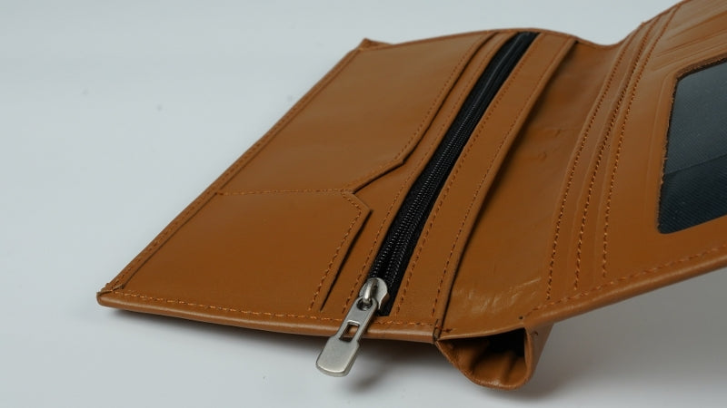 Multi Purpose Leather Long Wallet in Tan Brown, showcasing its elegant design and multiple compartments for cards and cash.