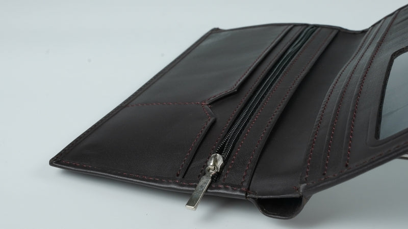 Multi Purpose Leather Long Wallet in BORDO, showcasing its elegant design and multiple compartments for cards and cash.