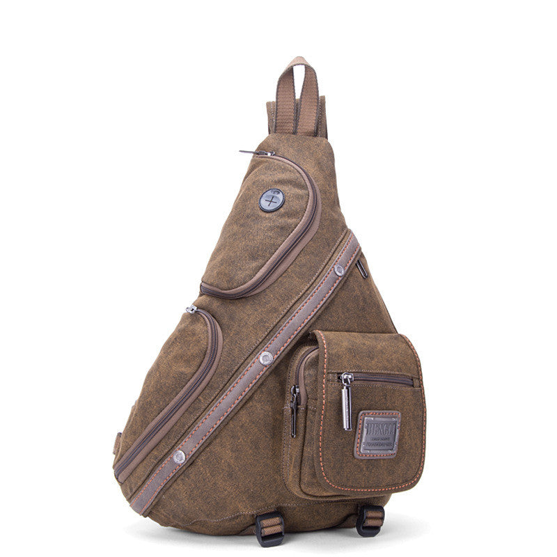 Multifunctional brown canvas chest bag with metal accents, showcasing its spacious design and durable material.