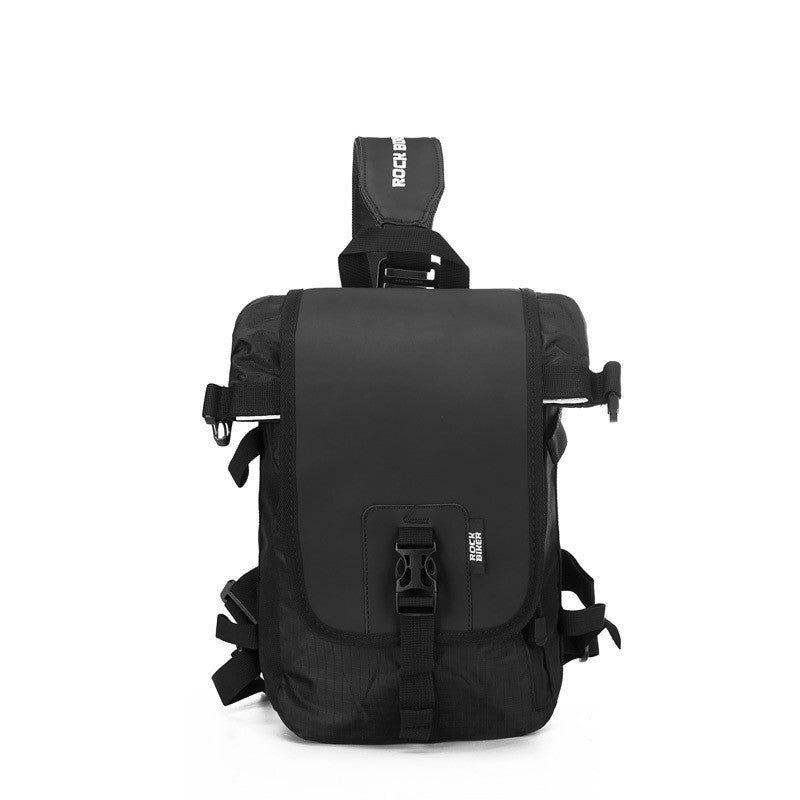 Multifunctional Sports Waterproof Motorcycle Crossbody Bag in black, showcasing its spacious design and durable polyester material.