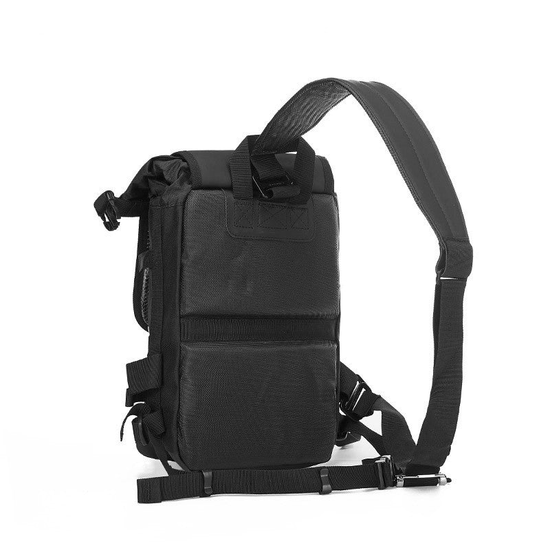 Multifunctional Sports Waterproof Motorcycle Crossbody Bag in black, showcasing its spacious design and durable polyester material.