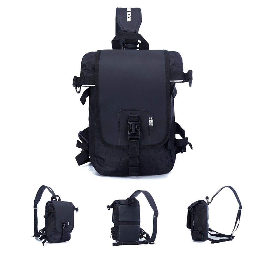 Multifunctional Sports Waterproof Motorcycle Crossbody Bag in black, showcasing its spacious design and durable polyester material.