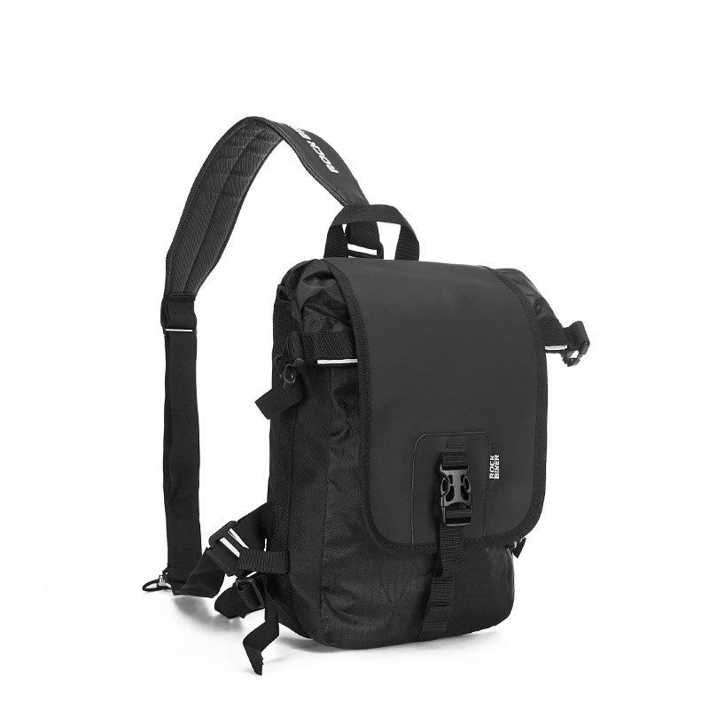 Multifunctional Sports Waterproof Motorcycle Crossbody Bag in black, showcasing its spacious design and durable polyester material.