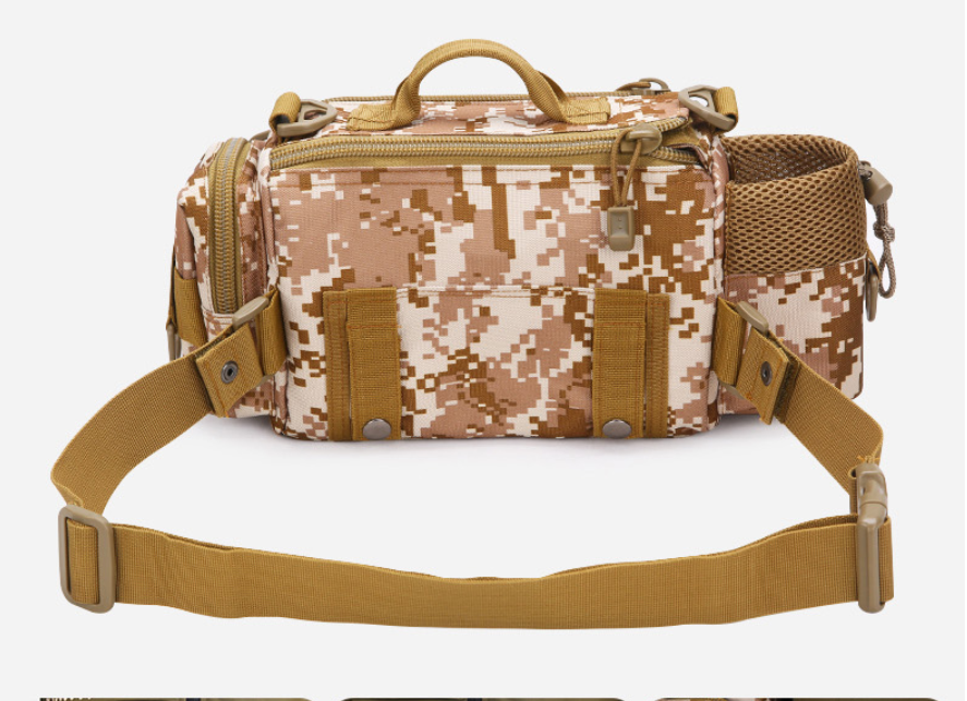 Multifunctional waist bag in army green, showcasing its versatile design and durable canvas material.