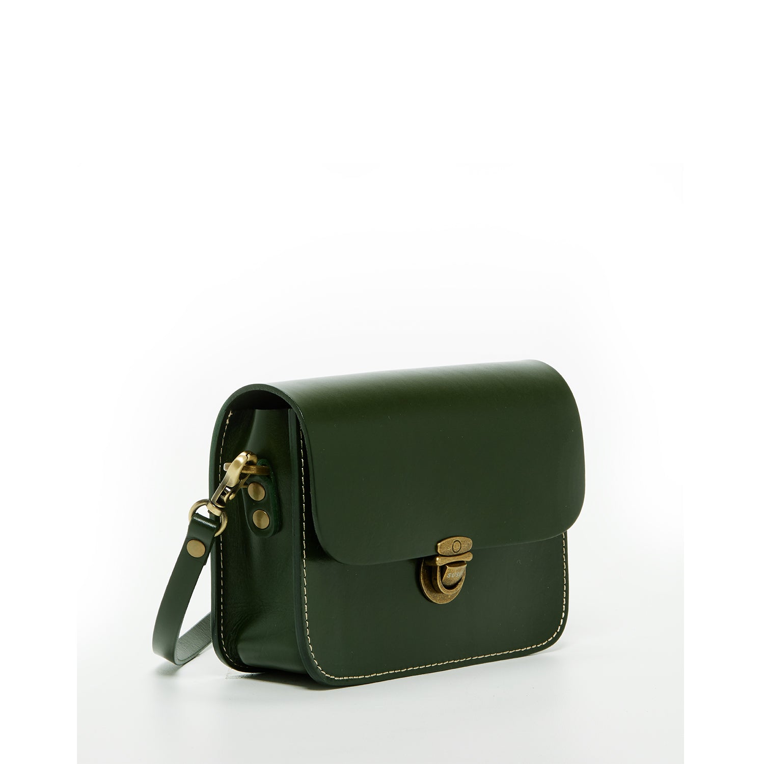 Nanah Dark Green Leather Crossbody Bag with bronze hardware and adjustable strap, showcasing a vintage camera bag design.