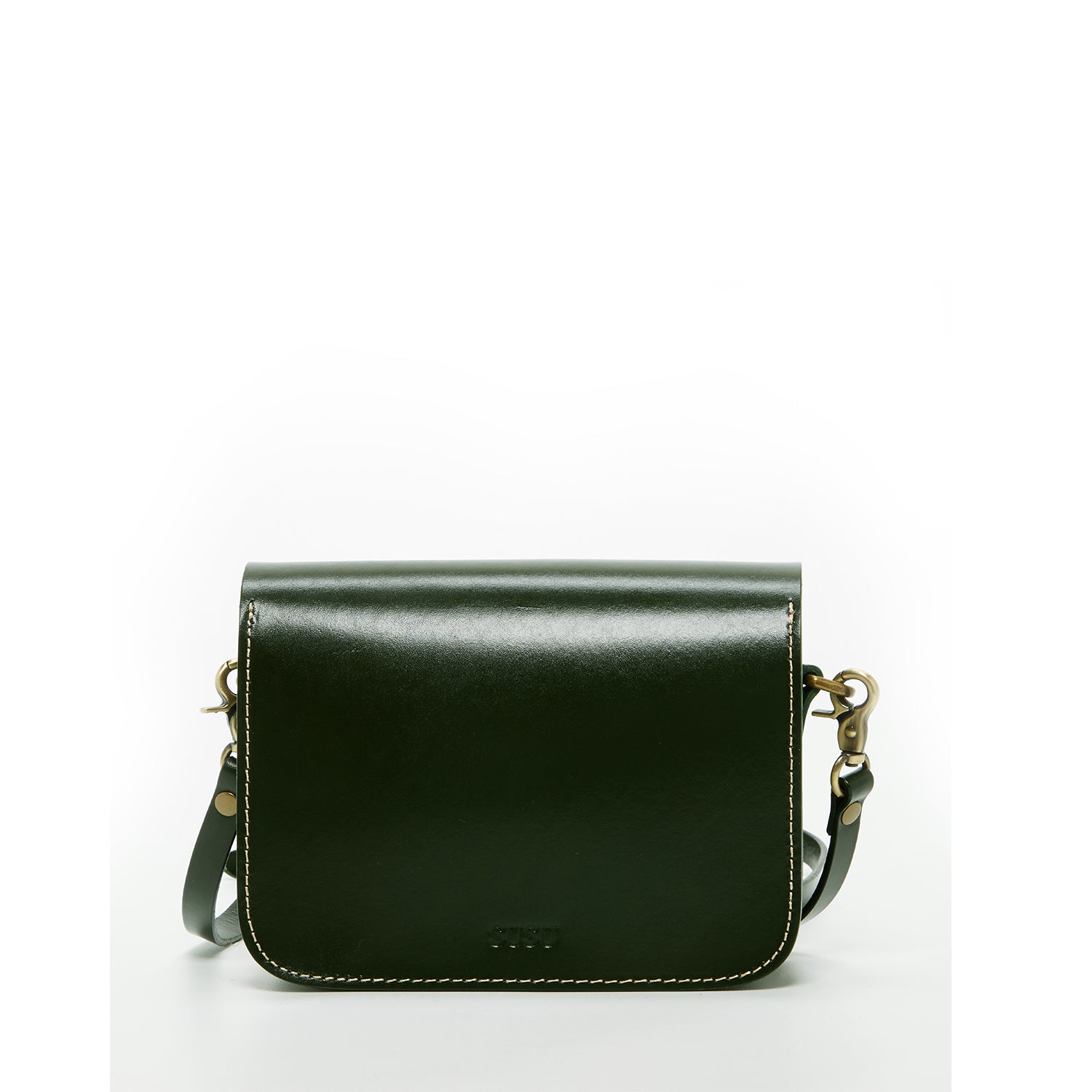 Nanah Dark Green Leather Crossbody Bag with bronze hardware and adjustable strap, showcasing a vintage camera bag design.