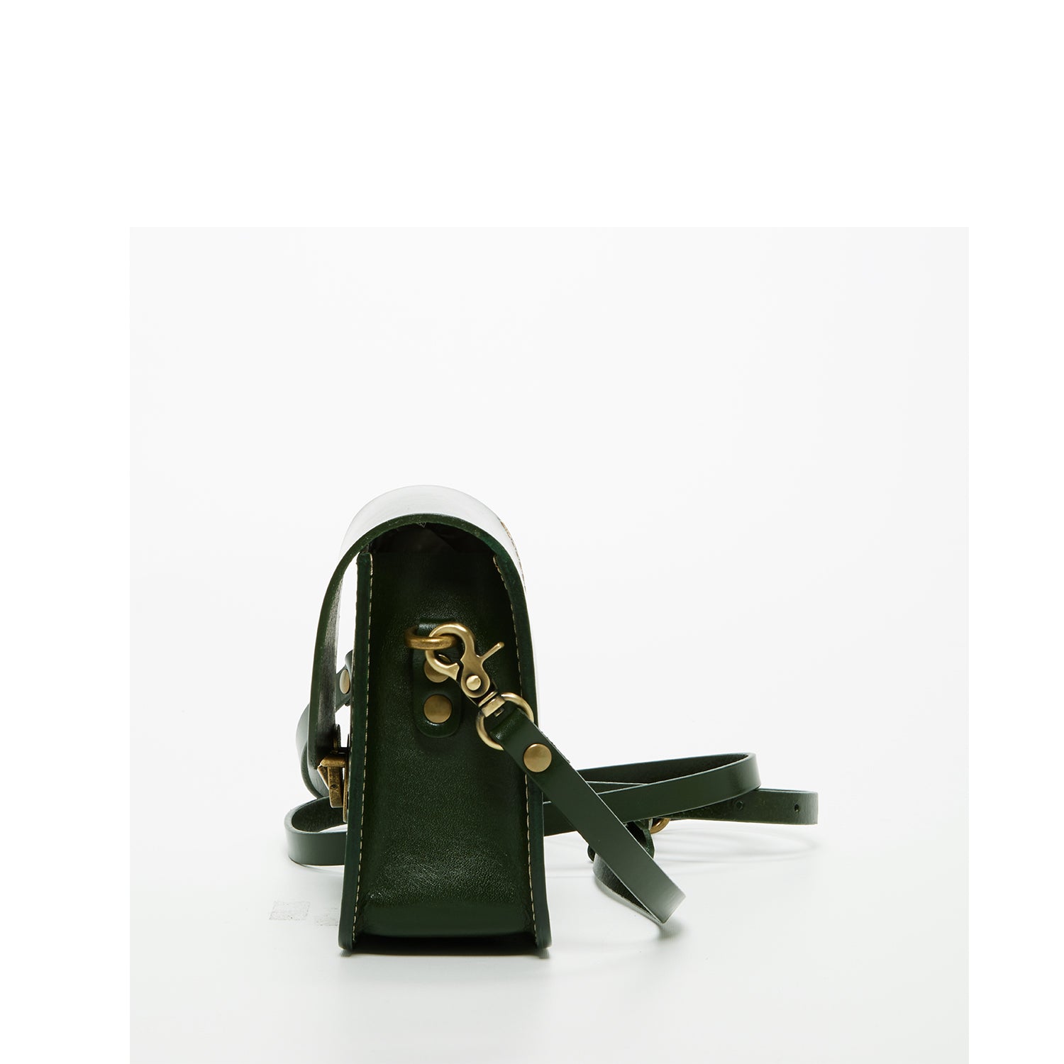 Nanah Dark Green Leather Crossbody Bag with bronze hardware and adjustable strap, showcasing a vintage camera bag design.