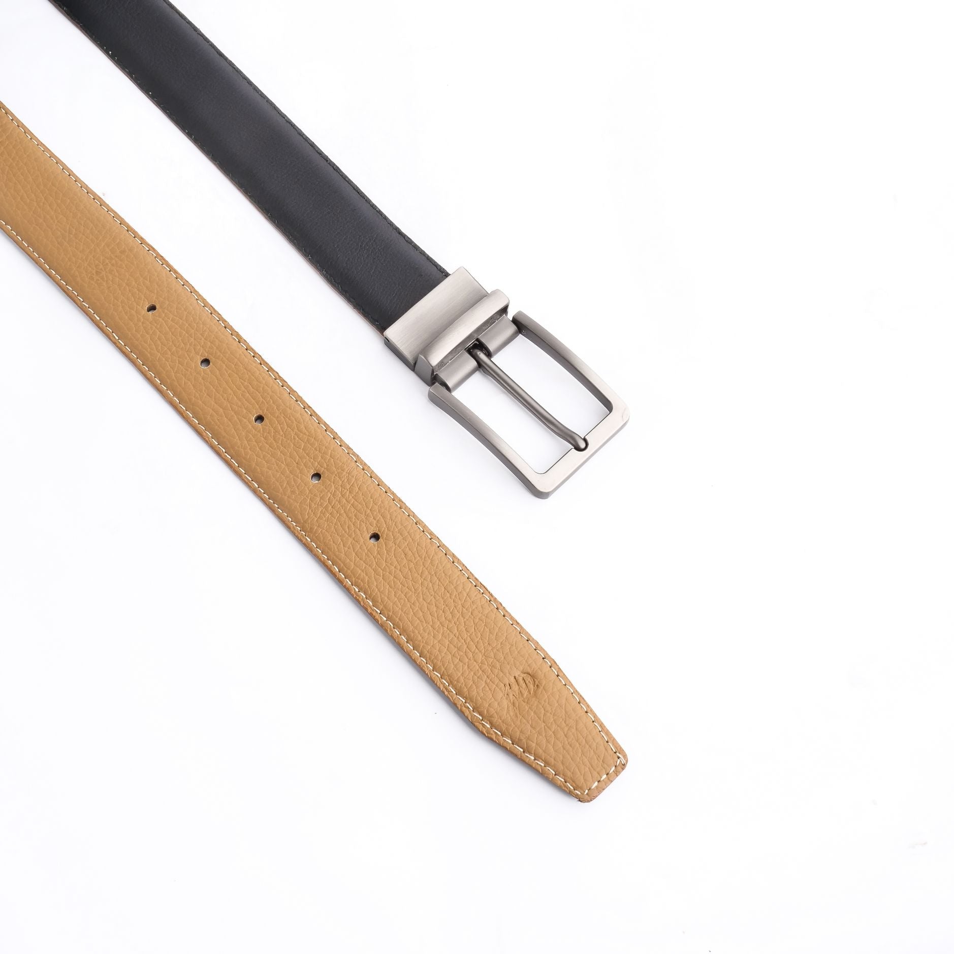 Natural Milled Double Sided Reversible Men's Leather Belt showcasing black and tan sides with a silver-tone buckle.