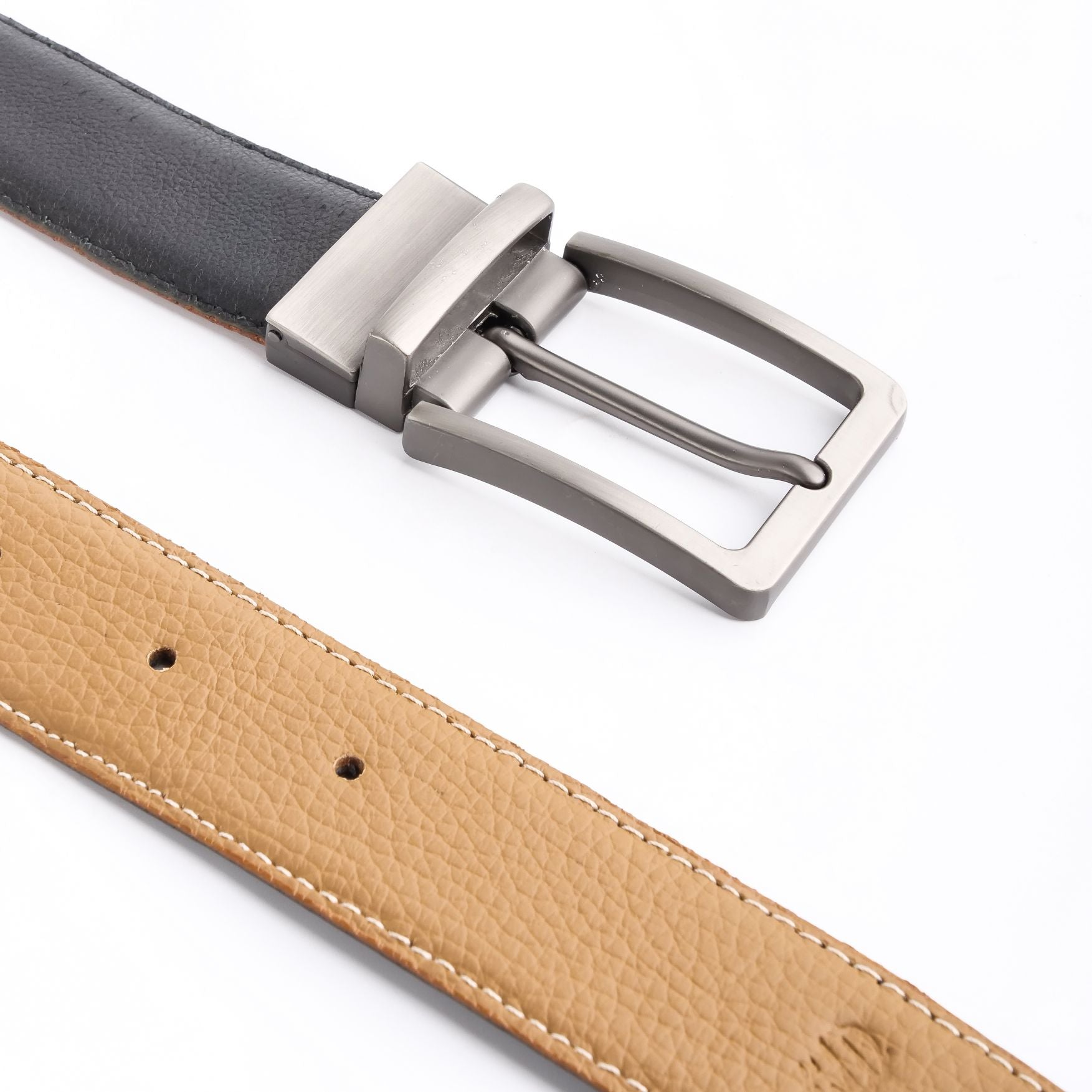 Natural Milled Double Sided Reversible Men's Leather Belt showcasing black and tan sides with a silver-tone buckle.