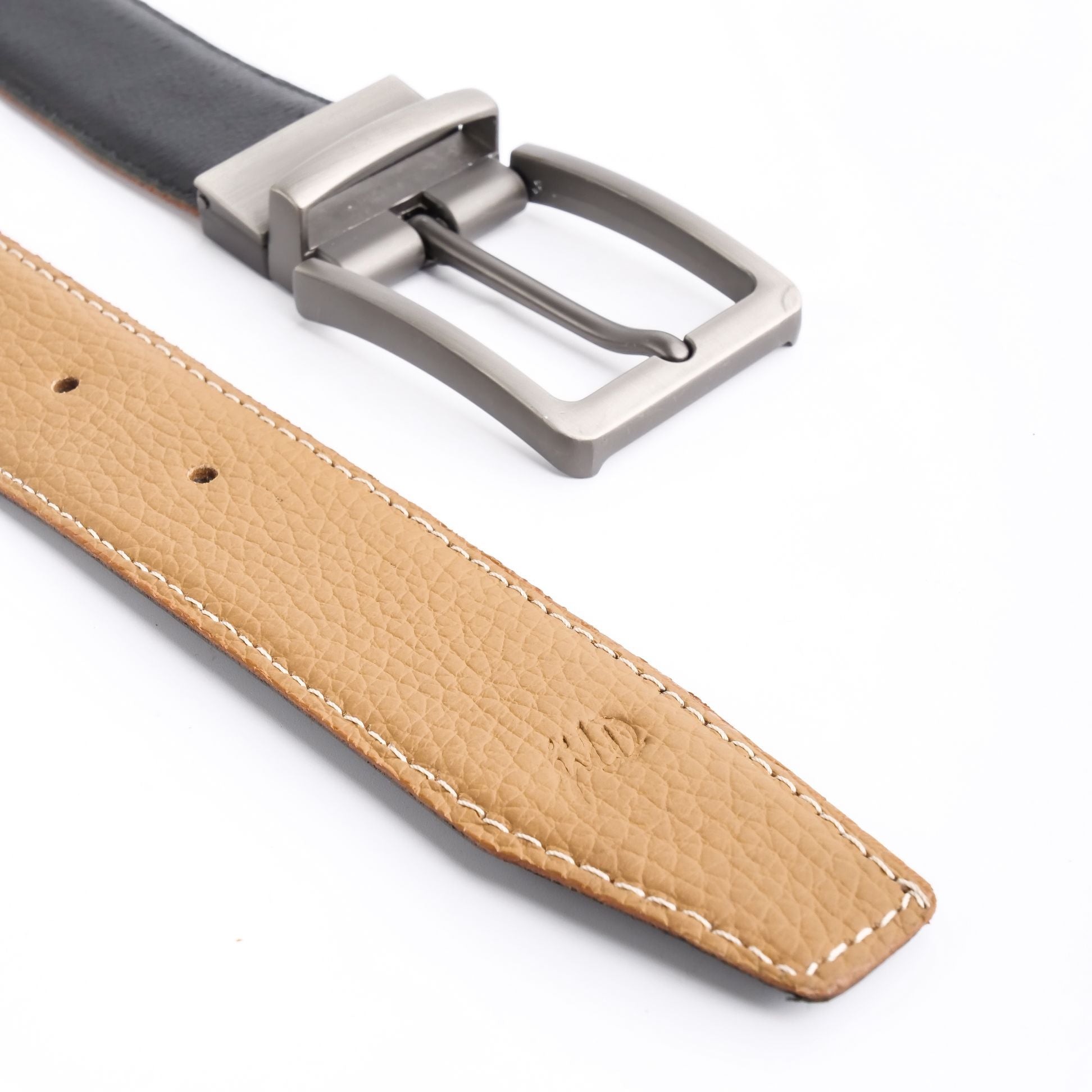 Natural Milled Double Sided Reversible Men's Leather Belt showcasing black and tan sides with a silver-tone buckle.