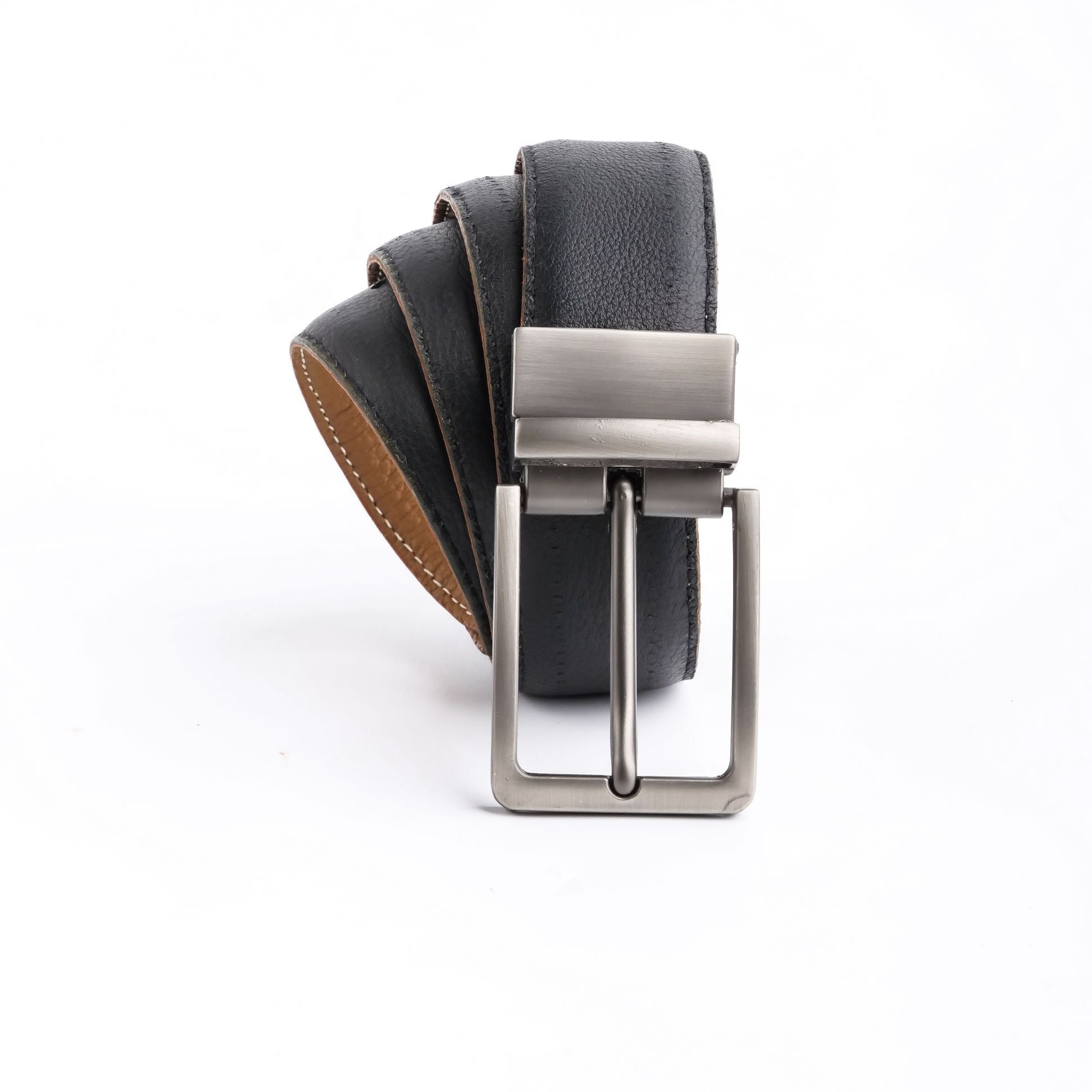 Natural Milled Double Sided Reversible Men's Leather Belt showcasing black and tan sides with a silver-tone buckle.