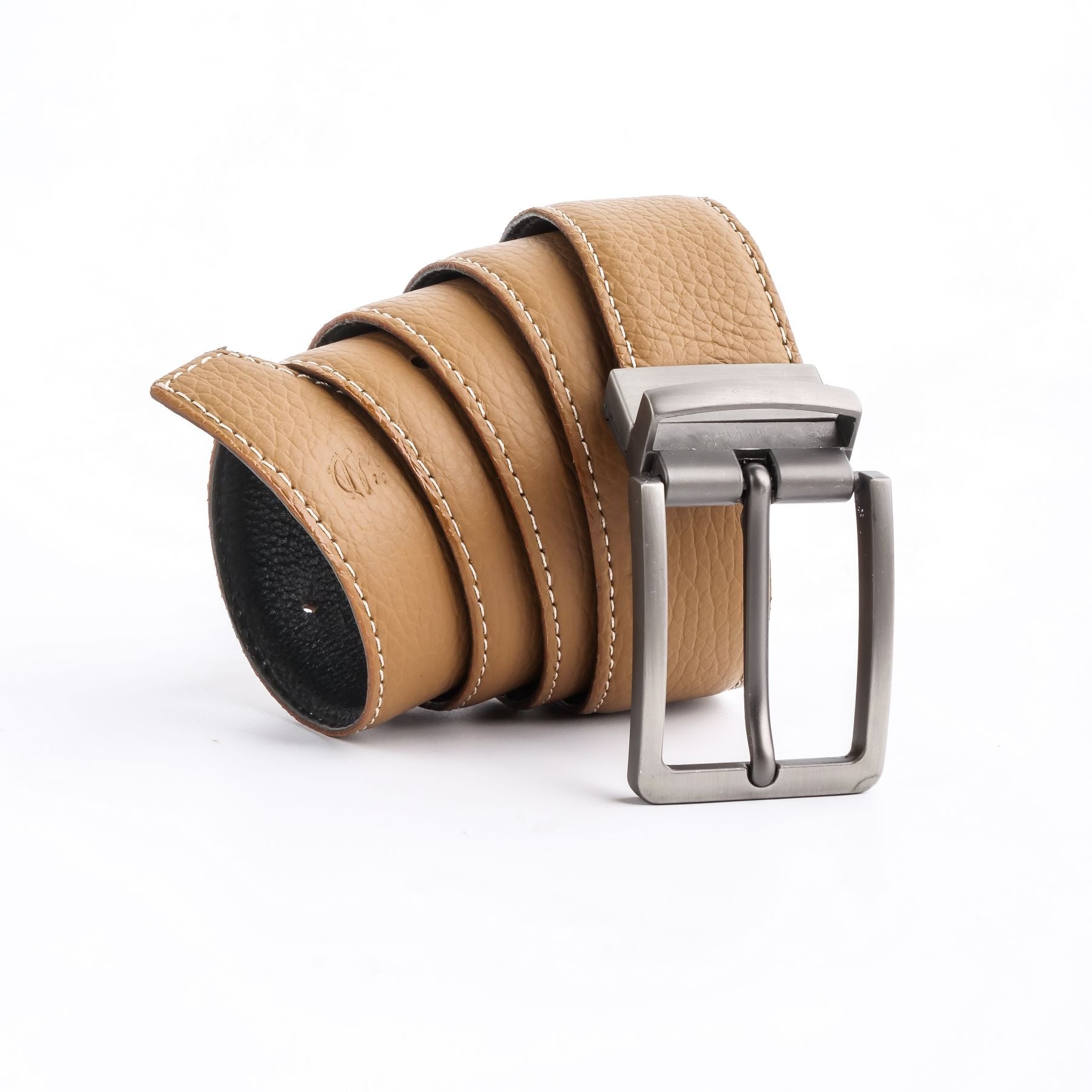 Natural Milled Double Sided Reversible Men's Leather Belt showcasing black and tan sides with a silver-tone buckle.